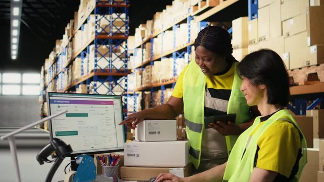 Satisfied coworkers sharing a high five after successful order processing, feeling proud of their teamwork in the industrial retail facility. Fulfillment center employees in workwear. Camera A.