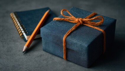 Gift, notebook, pencil, dark gray surface.  Gift Ideas