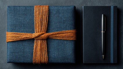 Gift, notebook, pen, dark surface, thoughtful