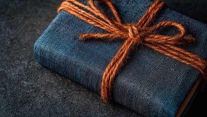 Gift wrapped book, dark background, tied with twine.  Possible use Holiday