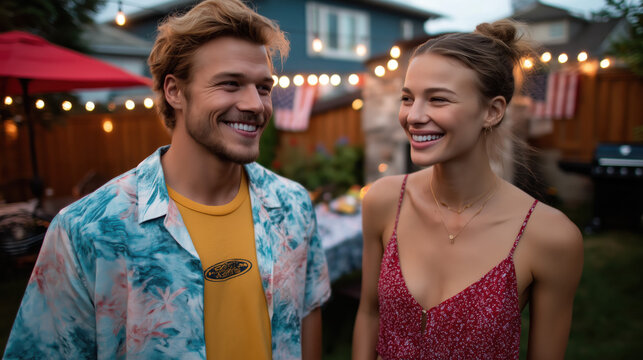 Lively summer backyard barbecue party for Patriotic holiday celebration with sizzling grills, burgers, hot dogs, laughter, American flag banners hanging, and joyful friends and families - Powered by Adobe