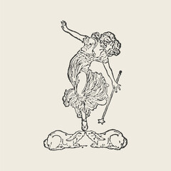Elegant vintage line art of a mystical woman dancing with a wand, surrounded by rabbits, symbolizing magic and fortune.