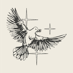 Beautiful vintage illustration of a dove flying with a flower, surrounded by celestial stars, representing peace and hope.