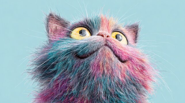 Fluffy Colorful Cat Portrait Blue Background - Powered by Adobe