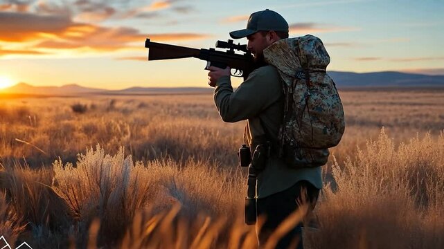 Man with backpack and weapon aims across a field at sunset warm light and orange sky