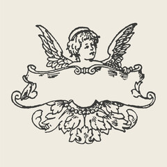 Antique illustration of a cherub with wings holding an ornate blank banner, perfect for vintage labels, invitations, or decorative designs.