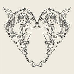 Intricate vintage engraving of two cherubs forming a heart shape with ribbons, evoking love, romance, and divine beauty.