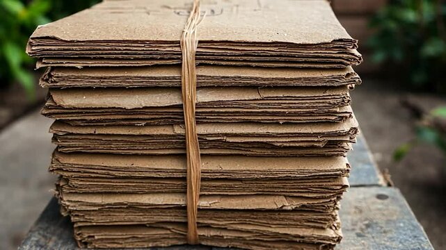 Close-up stack of cardboard pieces tied with twine resting on a rustic wooden surface against a blurry outdoor background. The brown tones dominate the shot suggesting recycling
