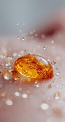 Amber droplet, water splash, skin, close-up. For cosmetics