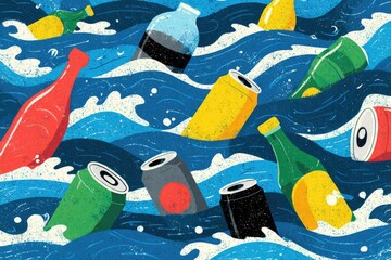 Plastic waste in ocean waves. Illustration. Possible use Environmental awareness