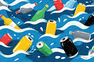 Ocean pollution, plastic bottles and cans, waves, environmental issue. Possible use awareness campaign