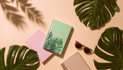 Pastel notebooks, tropical leaves, sunglasses, sunlight. Flat lay.  Possible use Print ad