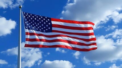 Fototapeta premium American flag waving proudly against a vibrant blue sky with scattered white clouds above the pole