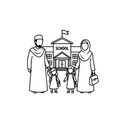 Family walking children to school building with flag and two girls