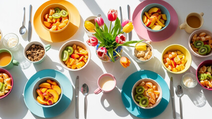 Vibrant Breakfast Table with Fruit Bowls, Tulips, and Morning Light