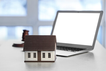 House model on table in room, closeup. Online auction concept