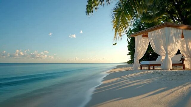 Serene beachfront scene with a white canopy bed on a sandy shore turquoise water and a clear blue sky creating a tranquil atmosphere