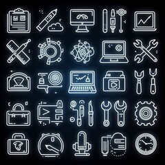Collection of various line art icons representing technology, tools, and science concepts on a dark background