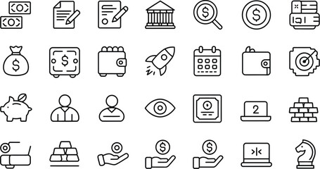 A collection of financial and business related icons in a line art style design