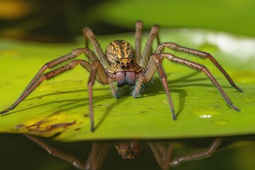 Fototapeta premium Close up of a spider on a green leaf with its reflection visible in the water below the leaf surface
