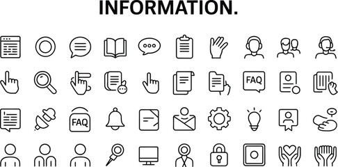 A collection of line icons representing information and support related symbols