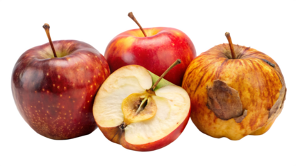 Whole red apples and one half-cut apple showing decay and spoilage isolated on a black background isolated on a transparent background