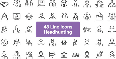 A collection of forty eight line icons representing headhunting and recruitment themes