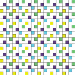 Grid of black squares on a white background, with small squares coloured in neon blue, green, yellow and purple