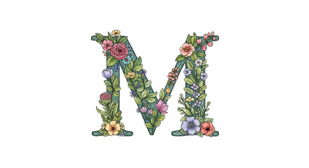 Vector floral letter m design with watercolor flowers and leaves for wedding invitations and monogram initial art