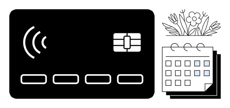 Digital payment card with NFC waves, chip, and blank details beside a floral-themed calendar. Ideal for finance, technology, contactless payment, organization, planning, scheduling ecommerce spring