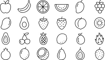 A collection of simple line art icons representing a variety of fresh healthy fruits commonly found in a balanced diet