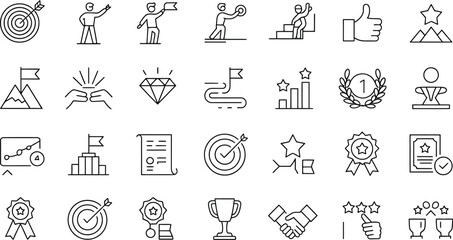 A collection of line art icons representing success, achievement, and goals set
