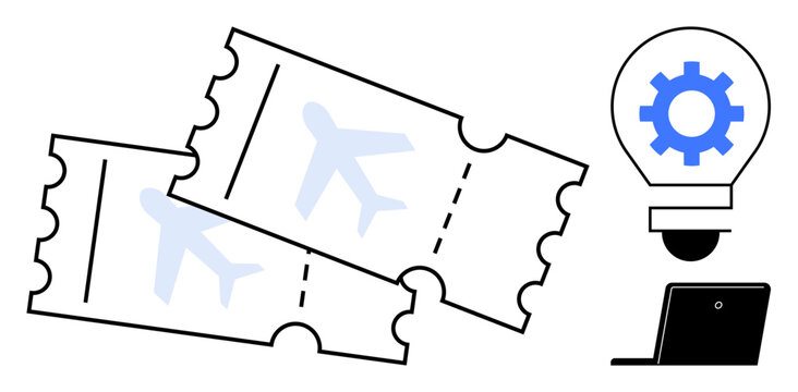 Two airplane tickets paired with a lightbulb featuring a gear and a laptop symbolize the intersection of travel, innovation, and digital technology. Ideal for travel planning, tech evolution, online