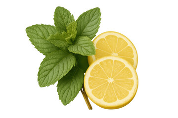 Mint sprig and lemon slices showcasing bright green herbs against clean transparent backdrop, highlighting fresh culinary ingredients