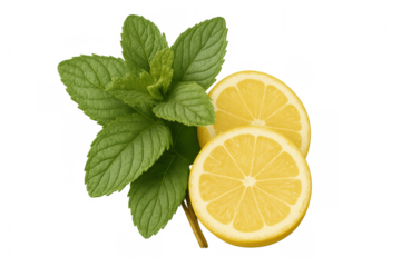 Mint sprig and lemon slices showcasing bright green herbs against clean transparent backdrop, highlighting fresh culinary ingredients