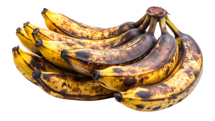 Bunch of overripe yellow bananas with brown spots and blemishes isolated on a transparent background 1
