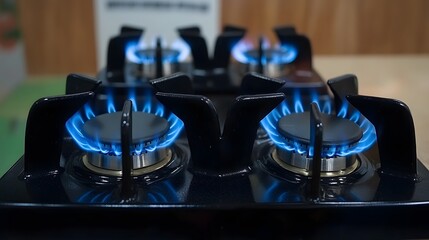 Closeup of Four Burning Gas Stove Burners