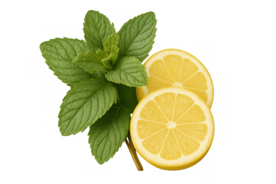 Mint sprig and lemon slices showcasing bright green herbs against clean transparent backdrop, highlighting fresh culinary ingredients