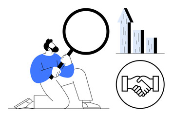 Person analyzing information with magnifying glass, upward graph showing growth, and handshake signifying collaboration. Ideal for research, growth strategy, teamwork, partnership, business success