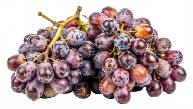 Bunch of ripe purple grapes with shriveled texture and brown stems isolated on a transparent background