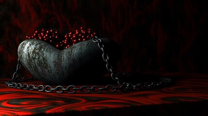 Dark Romantic Heart Shaped Stone Bowl with Red Berries and Chain