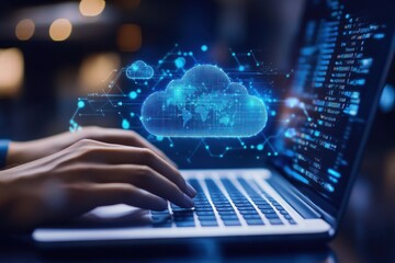 Hands typing on laptop with cloud computing graphic overlay and code on the screen in a dark room