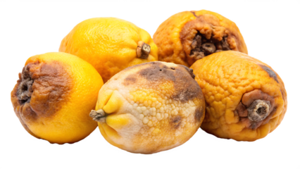 Five overripe lemons with brown spots and dried skin showing decay isolated on a transparent background
