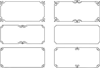 Collection of six elegant decorative rectangular frames with ornate scrollwork and flourish details in a classic black and white design
