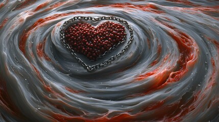 Abstract swirling red and grey texture with chained heart of red berries