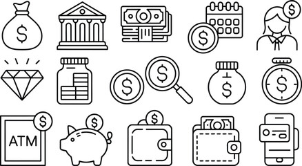 Outlined financial icons including money bag bank atm wallet and piggy bank shown