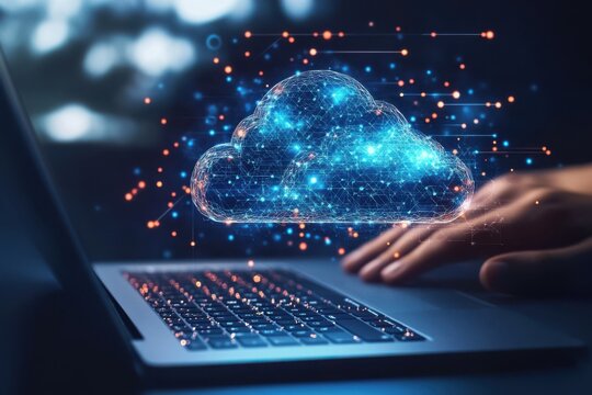 Digital cloud hovering over laptop with hand near keyboard and glowing particles around it