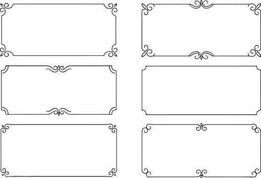 Collection of six elegant decorative rectangular frames with ornate scrollwork and flourish details in a classic black and white design