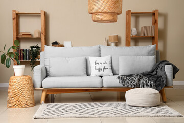 Interior of living room with sofa, pouf and bookshelves
