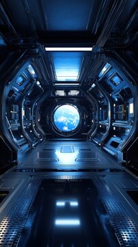 A futuristic spaceship interior with a view of the earth through a circular window at the end